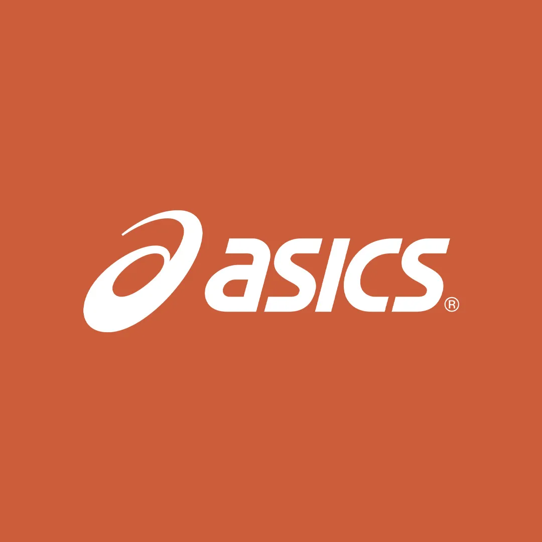 White Asics logo on an orange background.
